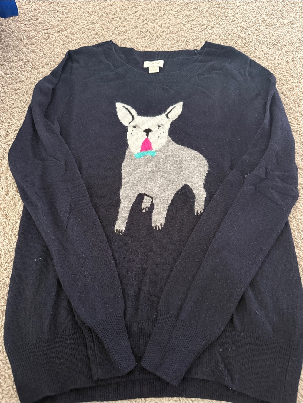 J. Crew Navy Crewneck Sweater with Dog Intarsia